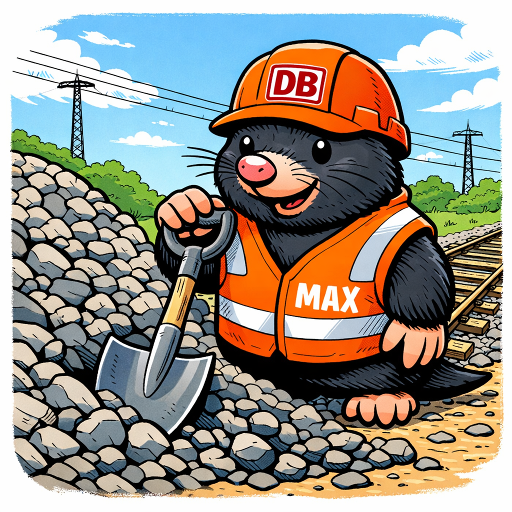 Maulwurf auf einer Baustelle mit Warnweste, Kappe, Schaufel, Schotterberg und Gleis